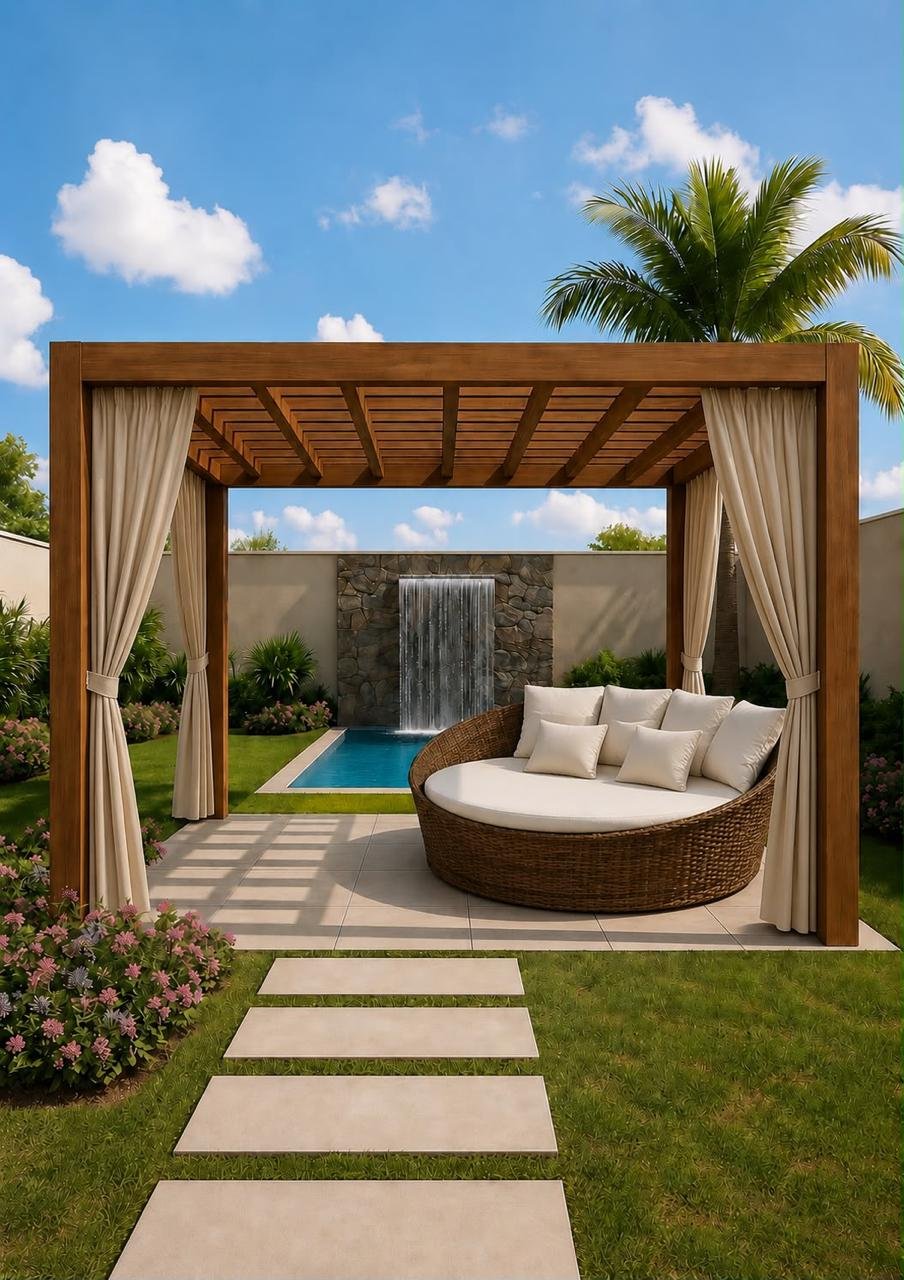 Chaise concha em ambiente com pergolado