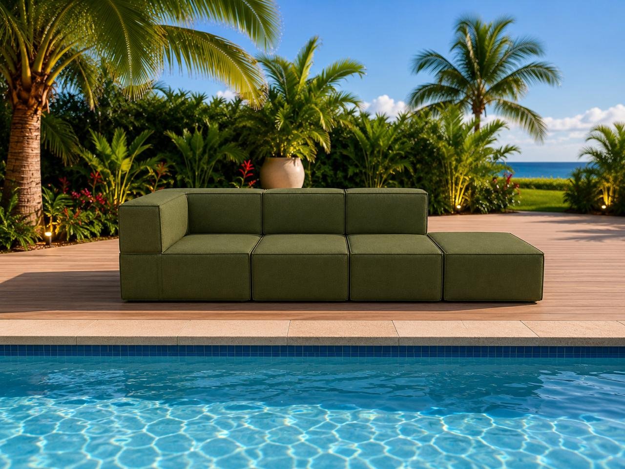 Sofá modular oliva em área externa junto à piscina